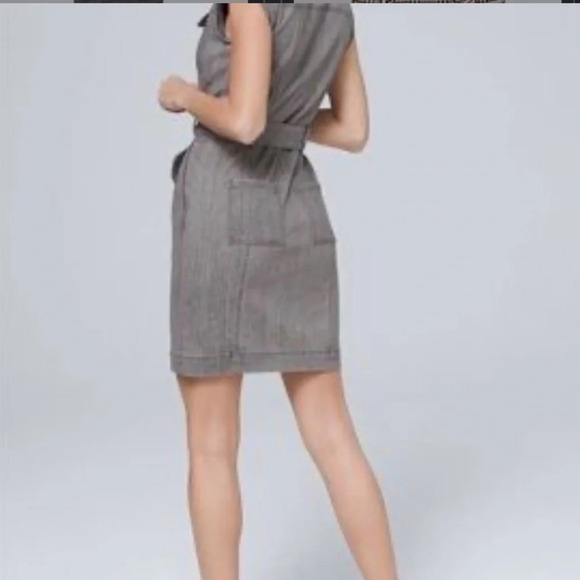 White House Black Market size 0 Gray Denim Belted Jean Dress stretch Snaps Up - Picture 2 of 7